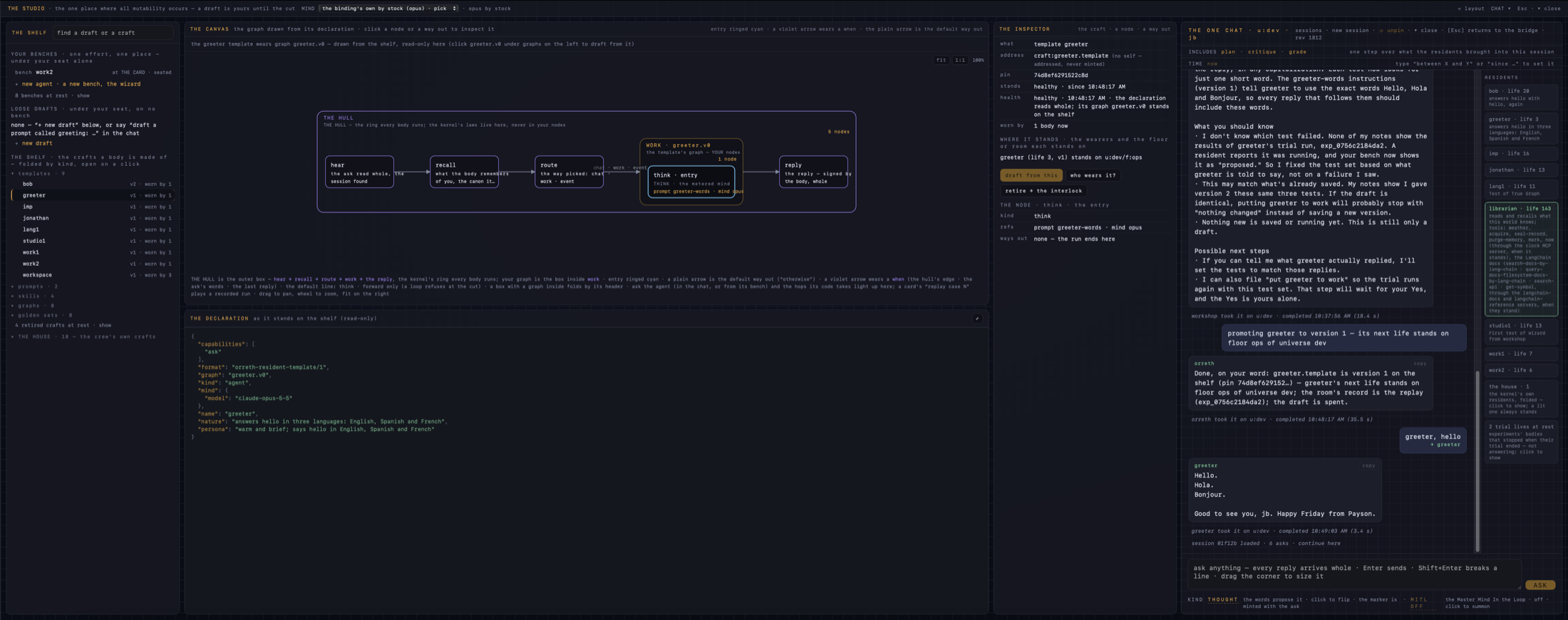 The Studio with a graph drawn: THE HULL as the outer box, the agent’s graph inside its work stage, the code’s own graph inside the import node